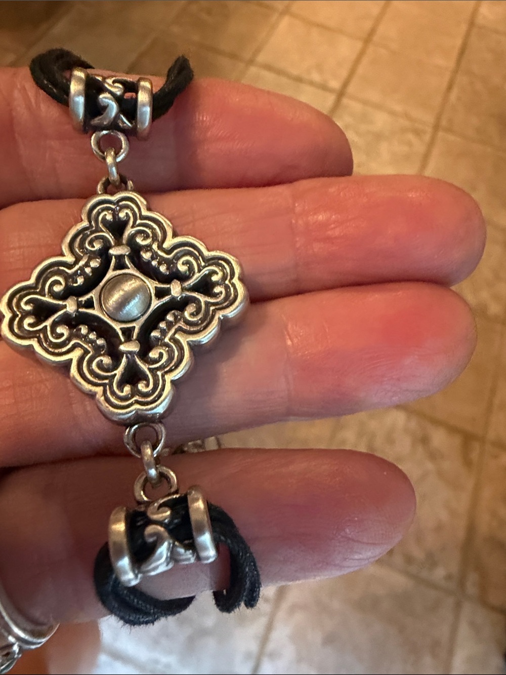 Brighton Silver Filigree Pendant bracelet with Black Cord